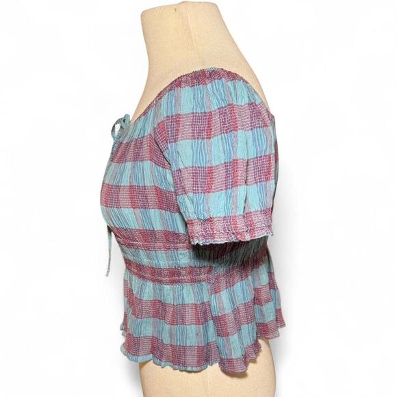 Free People smocked off shoulder plaid peplum peasant top with tie front Sz XS - Picture 4 of 8